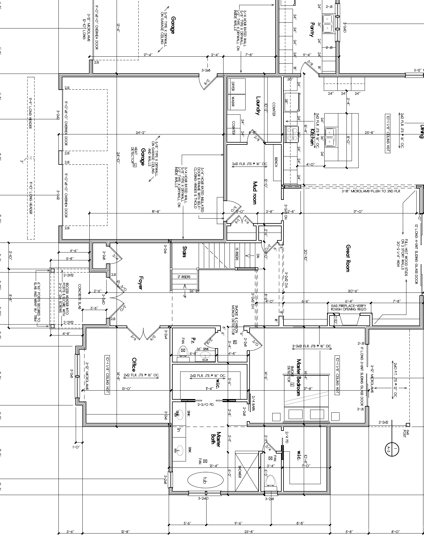 First floor plan crop with the foyer, great room, dining, kitchen and stair areas